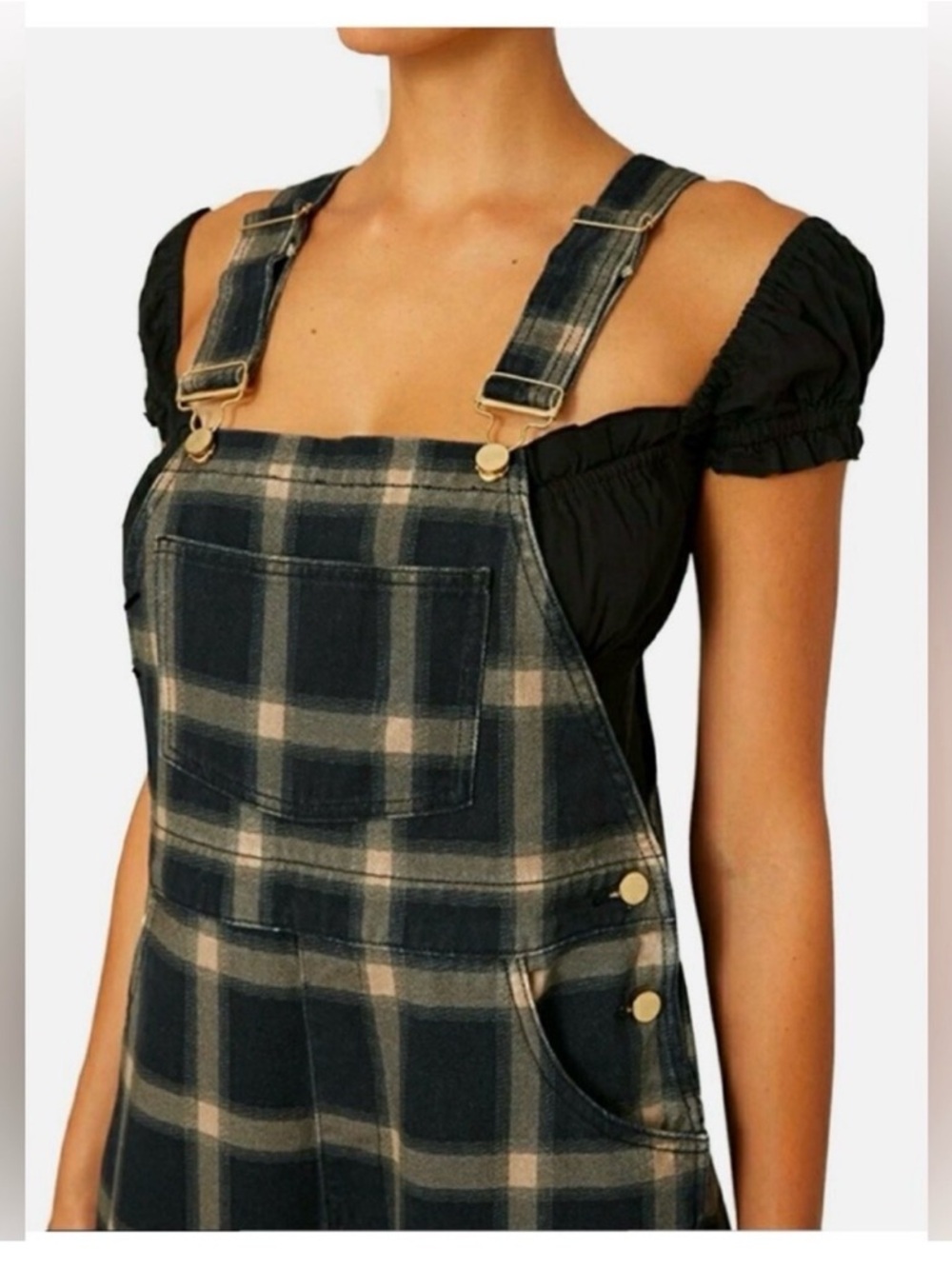 Weworewhat Plaid Denim Overall Dress - Black and Cream